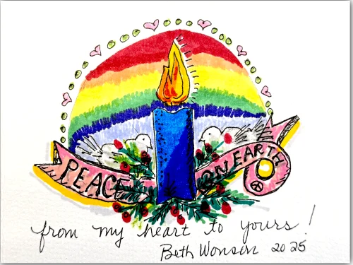  Hand drawing from Beth Wonson of a Candle and 2 Doves with the phrase Peace on Earth 